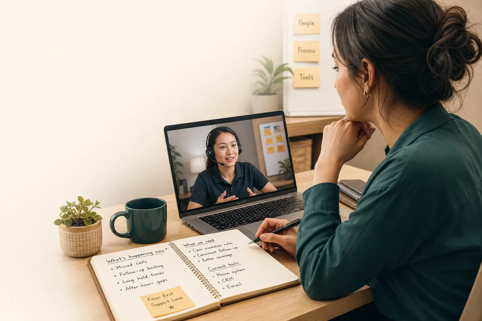 Operations manager reviewing missed calls, follow-up backlog, escalation rules, and current tools with a remote support specialist.
