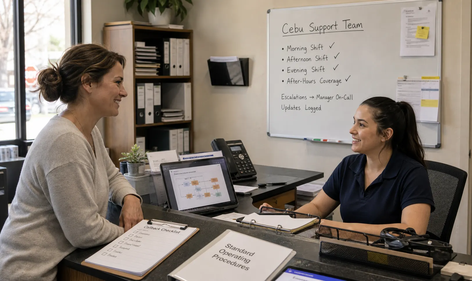 Home services customer speaking with a calm office coordinator while SOPs, callbacks, dispatch notes, and a Cebu Support Team whiteboard organize the workflow.