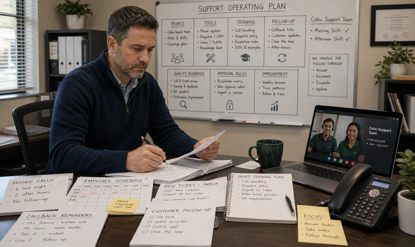 Train Support on Your Process visual showing a support operating plan with training, tools, follow-up, QA, approval rules, and Cebu support.