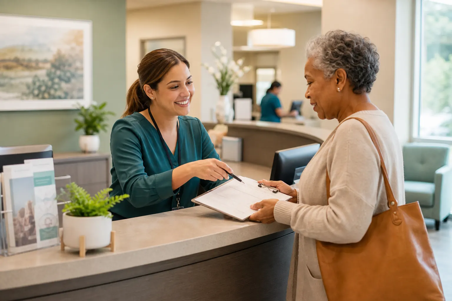 Clinic front desk administrator helping a patient with non-clinical appointment paperwork.