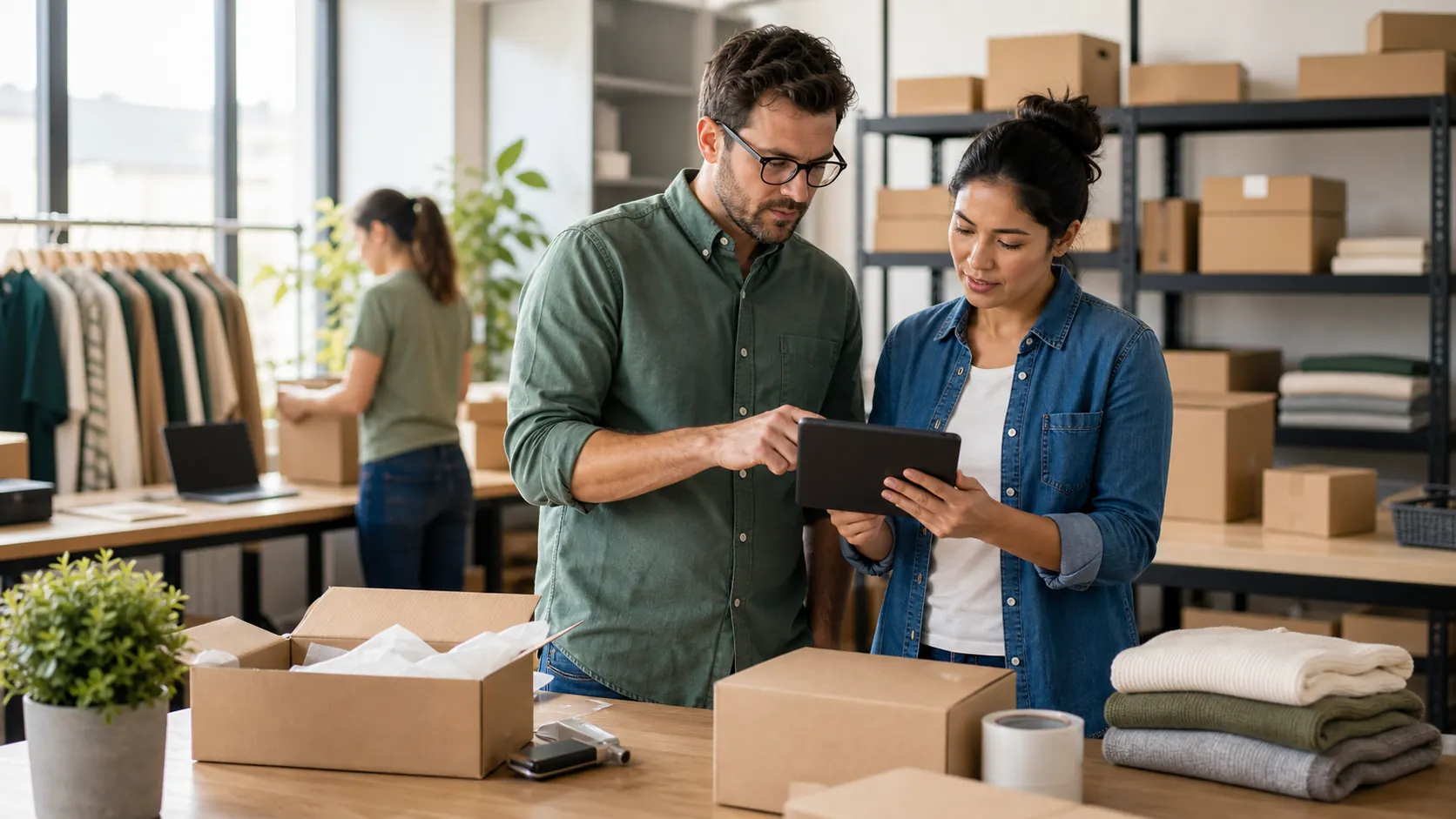 Retail ecommerce operations team checking an order issue in a small fulfillment workspace.