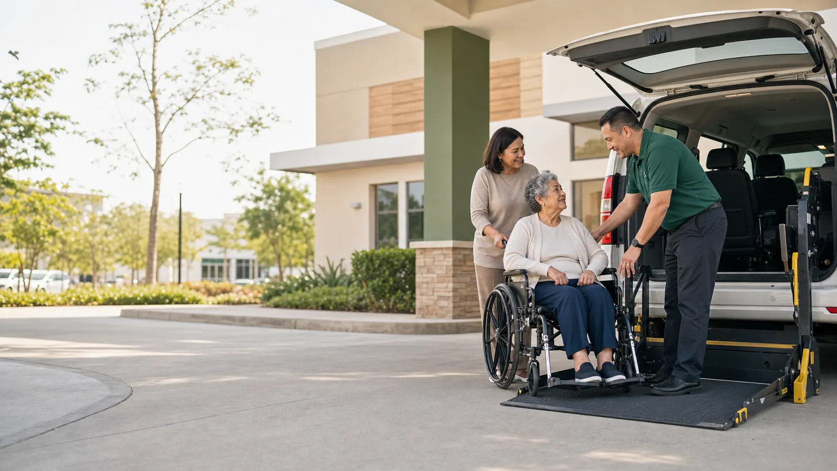 NEMT rider and caregiver outside a clinic while appointment-window dispatch support routes routine calls into a managed coverage plan.