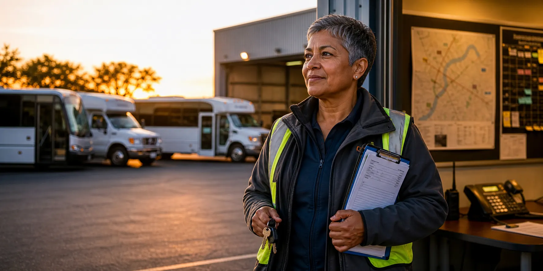Transportation fleet operator leaving the depot after routine dispatch coverage is handled by a managed support plan.